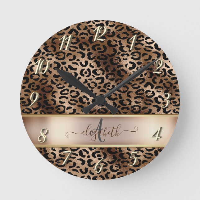 Horloge Ronde Monogramme de bronze noir Motif léopard (Recto)