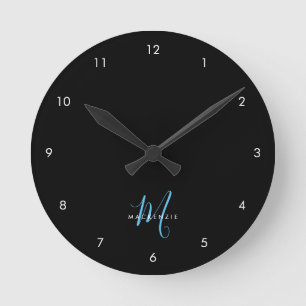 Horloge Ronde Monogramme élégant moderne noir bleu ciel écriture
