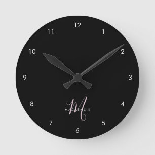 Horloge Ronde Monogramme élégant moderne noir rose blush écritur