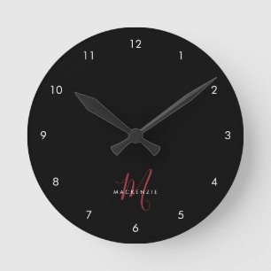 Horloge Ronde Monogramme élégant moderne noir rouge script