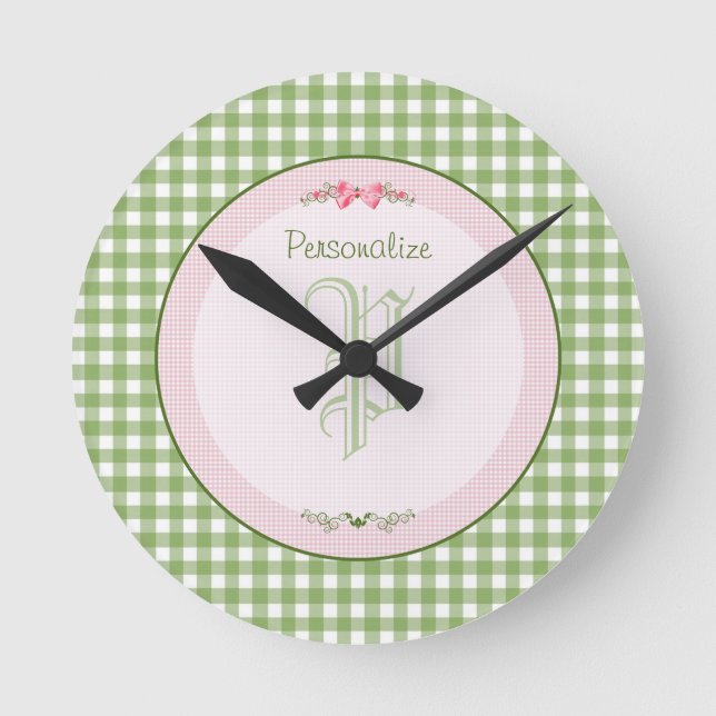 Horloge Ronde Monogramme En vichy Vert Fille Avec Nom (Recto)