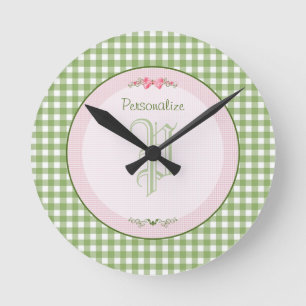 Horloge Ronde Monogramme En vichy Vert Fille Avec Nom