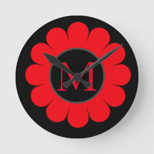 Horloge Ronde Monogramme floral rouge Noir Nom personnalisé Abs
