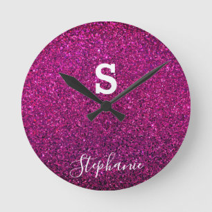 Horloge Ronde Monogramme Initial Nom Rose Violet Pailleté Modern