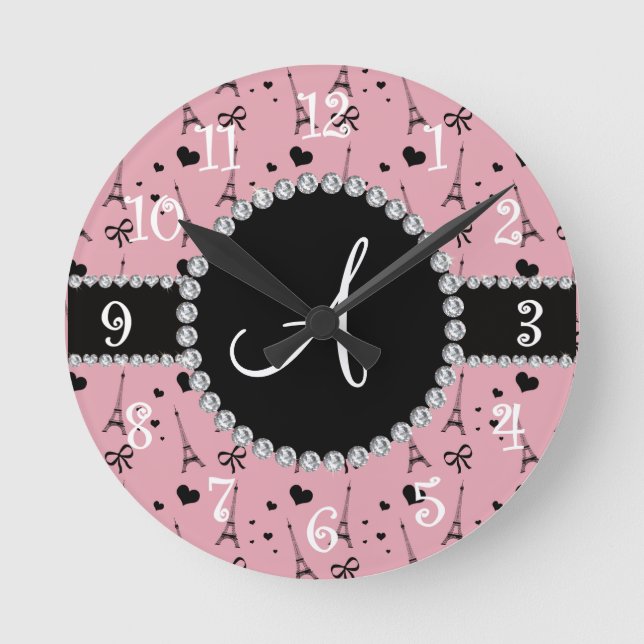 Horloge Ronde Monogramme joli motif tour eiffel rose (Recto)