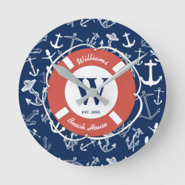 Horloge Ronde Monogramme marine Ancre bleue Maison de plage