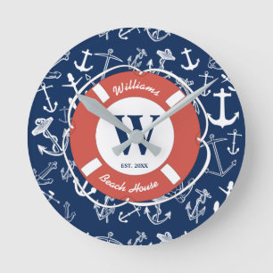 Horloge Ronde Monogramme marine Ancre bleue Maison de plage