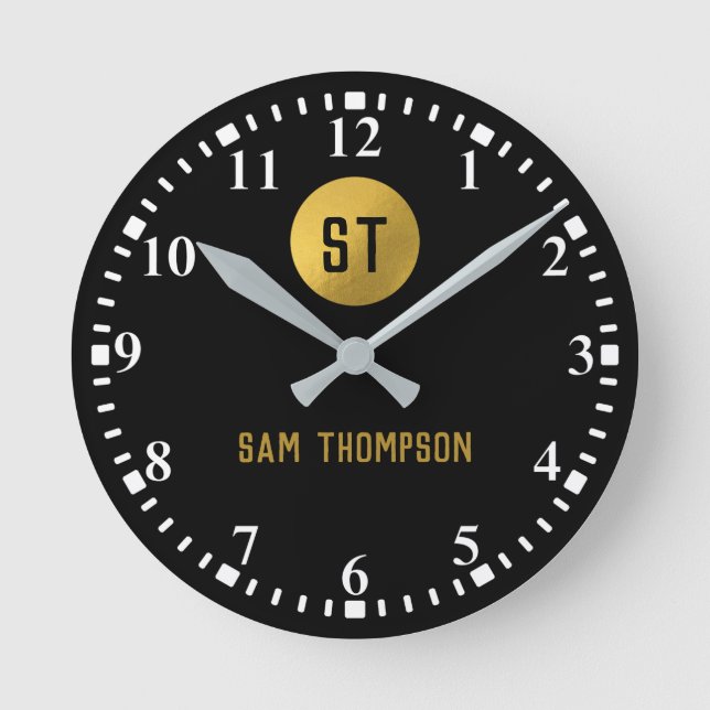 Horloge Ronde Monogramme moderne noir & or élégant personnalisé (Recto)