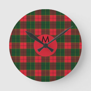 Horloge Ronde Monogramme motif Tartan des Fêtes d'Hiver écossais