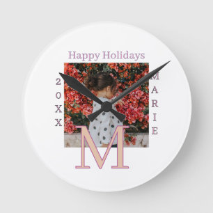HORLOGE RONDE MONOGRAMME NOM PHOTO ANNEE NOEL HOLI