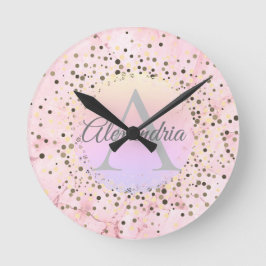 Horloge Ronde Monogramme personnalisé en marbre rose