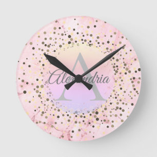 Horloge Ronde Monogramme personnalisé en marbre rose