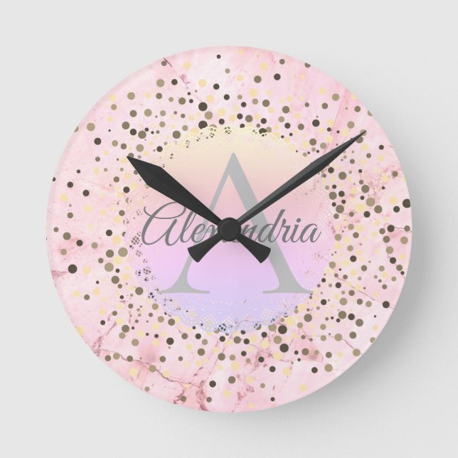 Horloge Ronde Monogramme personnalisé en marbre rose (Recto)