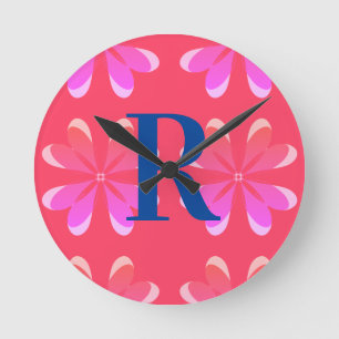 Horloge Ronde Monogramme personnalisé Rétro rose orange