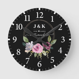 Horloge Ronde Monogramme personnalisé rose et bordeaux