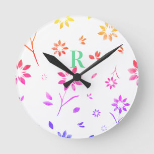 Horloge Ronde Monogramme rose Lilac jaune Turquoise Aquarelle Fl