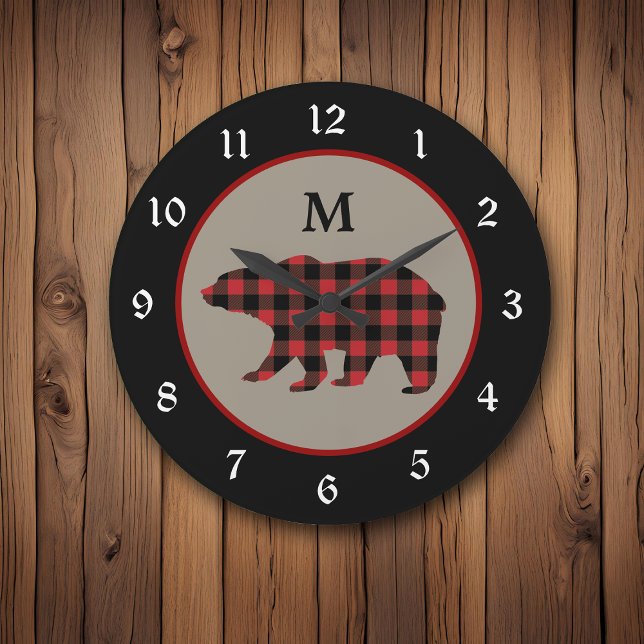 Horloge Ronde Monogramme rouge d'ours de plaid de Buffalo noir (Créateur téléchargé)
