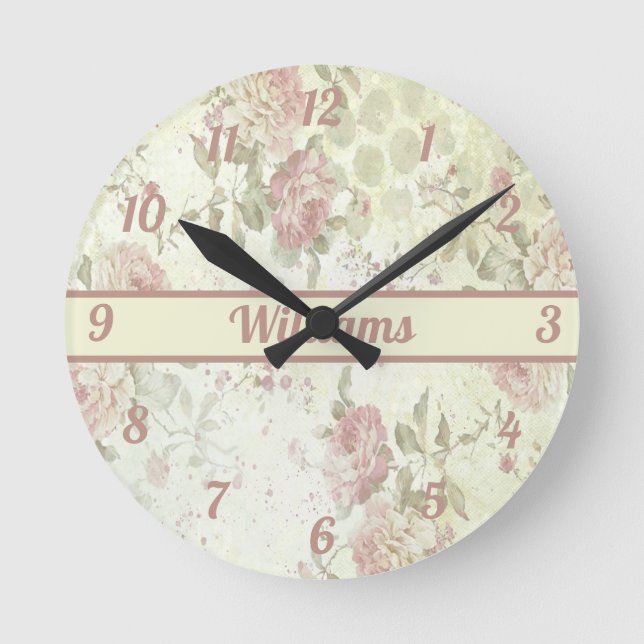 Horloge Ronde Monogramme Shabby Chic Rose Vert Rose Floral (Recto)