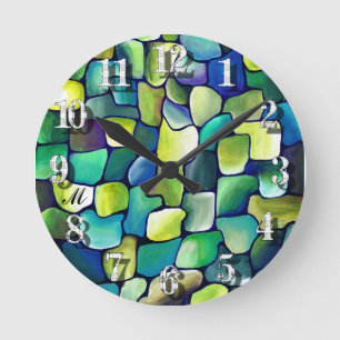 Horloge Ronde Monogramme Vert Carreaux Abstraits Vert Aquarelle