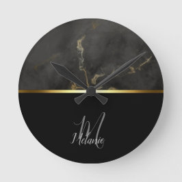 Horloge Ronde Monographie en or marbre noir