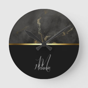 Horloge Ronde Monographie en or marbre noir
