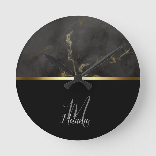 Horloge Ronde Monographie en or marbre noir (Recto)