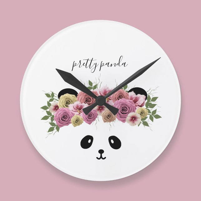 Horloge Ronde Montre pour enfants avec ours panda floral mignon (A pretty panda bear with flowers in her hair. Just add your name to this cute nursery clock)