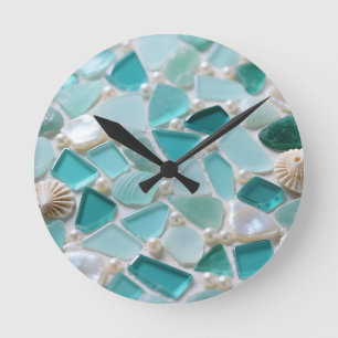 Horloge Ronde Mosaïque de verre de mer Turquoise Charme côtier