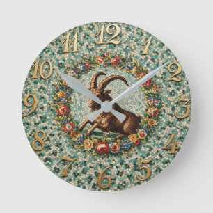 Horloge Ronde Mosaïque florale de style antique Zodiaque Caprico