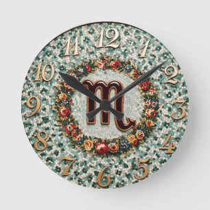 Horloge Ronde Mosaïque florale de style antique Zodiaque Scorpio