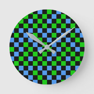 Horloge Ronde Motif à carreaux bleu vert et noir