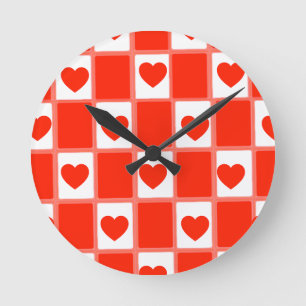Horloge Ronde Motif à carreaux Cœur Rouge Rétro
