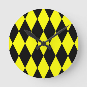 Horloge Ronde Motif à carreaux en diamants Harlequin noir jaune 