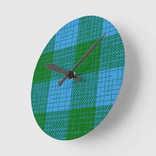 Horloge Ronde Motif à carreaux et hachures bleu et vert