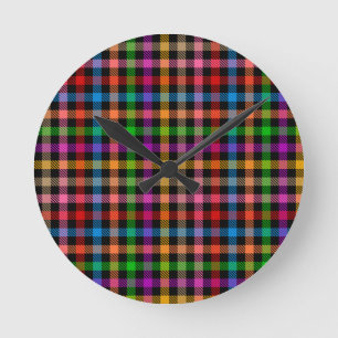 Horloge Ronde Motif à carreaux gingham arc-en-ciel coloré - Noir