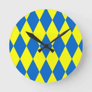 Horloge Ronde Motif à carreaux Harlequin bleu jaune
