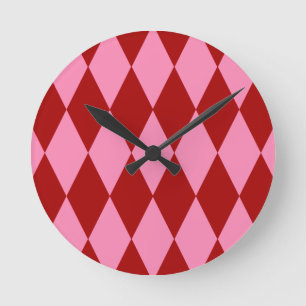 Horloge Ronde Motif à carreaux Harlequin rose rouge 