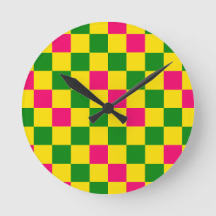 Horloge Ronde Motif à carreaux rose jaune vert