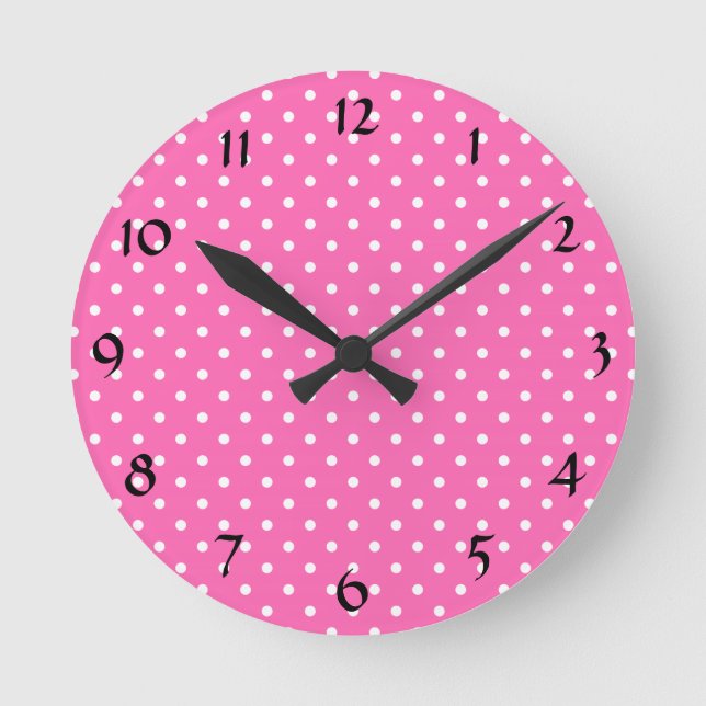 Horloge Ronde Motif à points de polka rose chaud et blanc (Recto)