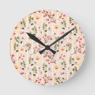 Horloge Ronde Motif à rayures florales rose pâle