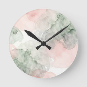 Horloge Ronde Motif Abstrait Aquarelle Vert Sauge Rose Tendre