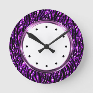 Horloge Ronde Motif animal de Zebra violet Glitzy