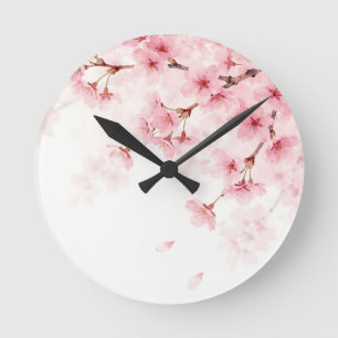 Horloge Ronde Motif aquarelle de fleurs de cerisier Sakura rose