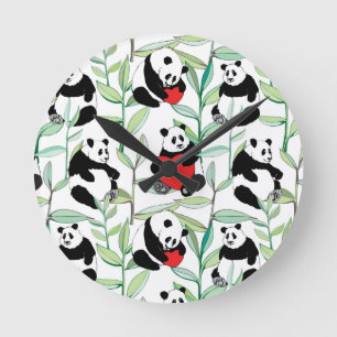 Horloge Ronde motif aux charmants pandas au coeur