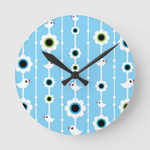 Horloge Ronde motif bleu d'oiseau et de fleurs