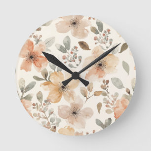 Horloge Ronde Motif botanique aquarelle floral pêche beige