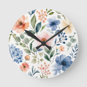 Horloge Ronde Motif botanique moderne de fleurs sauvages à l'aqu