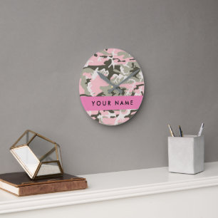 Horloge Ronde Motif camouflage rose et vert Personnalisez votre 
