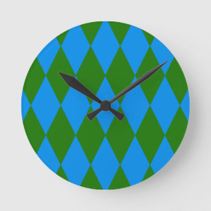 Horloge Ronde Motif Carreaux Harlequin Bleu Vert