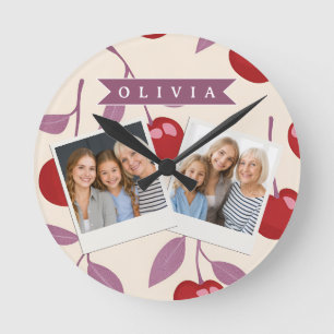 Horloge Ronde Motif Cerise Douce Personnalisé Rétro Féminin Mign